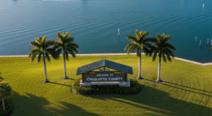 Aerial view of Charlotte Harbor and homes for sale in Charlotte County FL