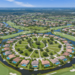 Aerial drone view of the wagon wheel layout in Rotonda West FL featuring golf course homes and canals.
