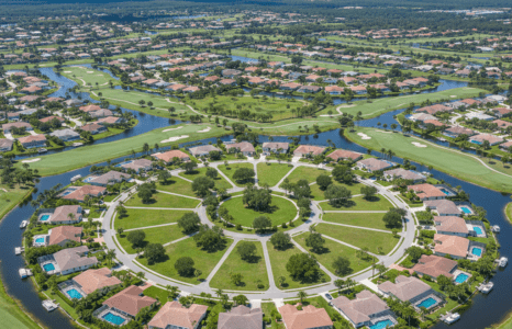 Aerial drone view of the wagon wheel layout in Rotonda West FL featuring golf course homes and canals.