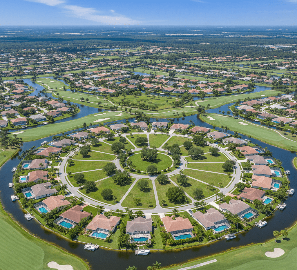 Aerial drone view of the wagon wheel layout in Rotonda West FL featuring golf course homes and canals.