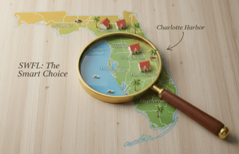 A high-quality map showing Florida real estate opportunities with a focus on Charlotte County and Southwest Florida.