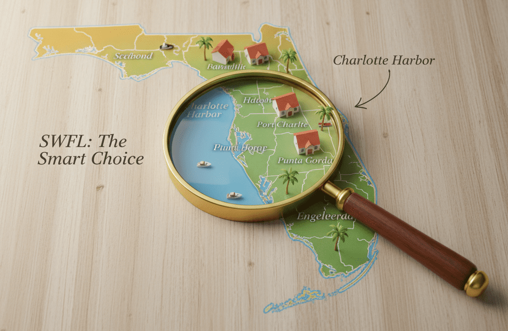 A high-quality map showing Florida real estate opportunities with a focus on Charlotte County and Southwest Florida.